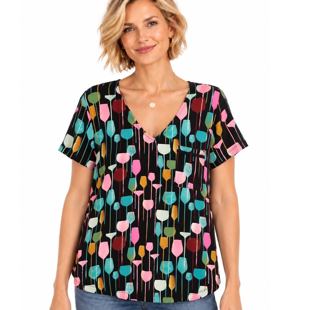 Amanda Blu NEW Wine Glass V-Neck Tee Womens Medium Cocktail Pocket Knit Top NWT